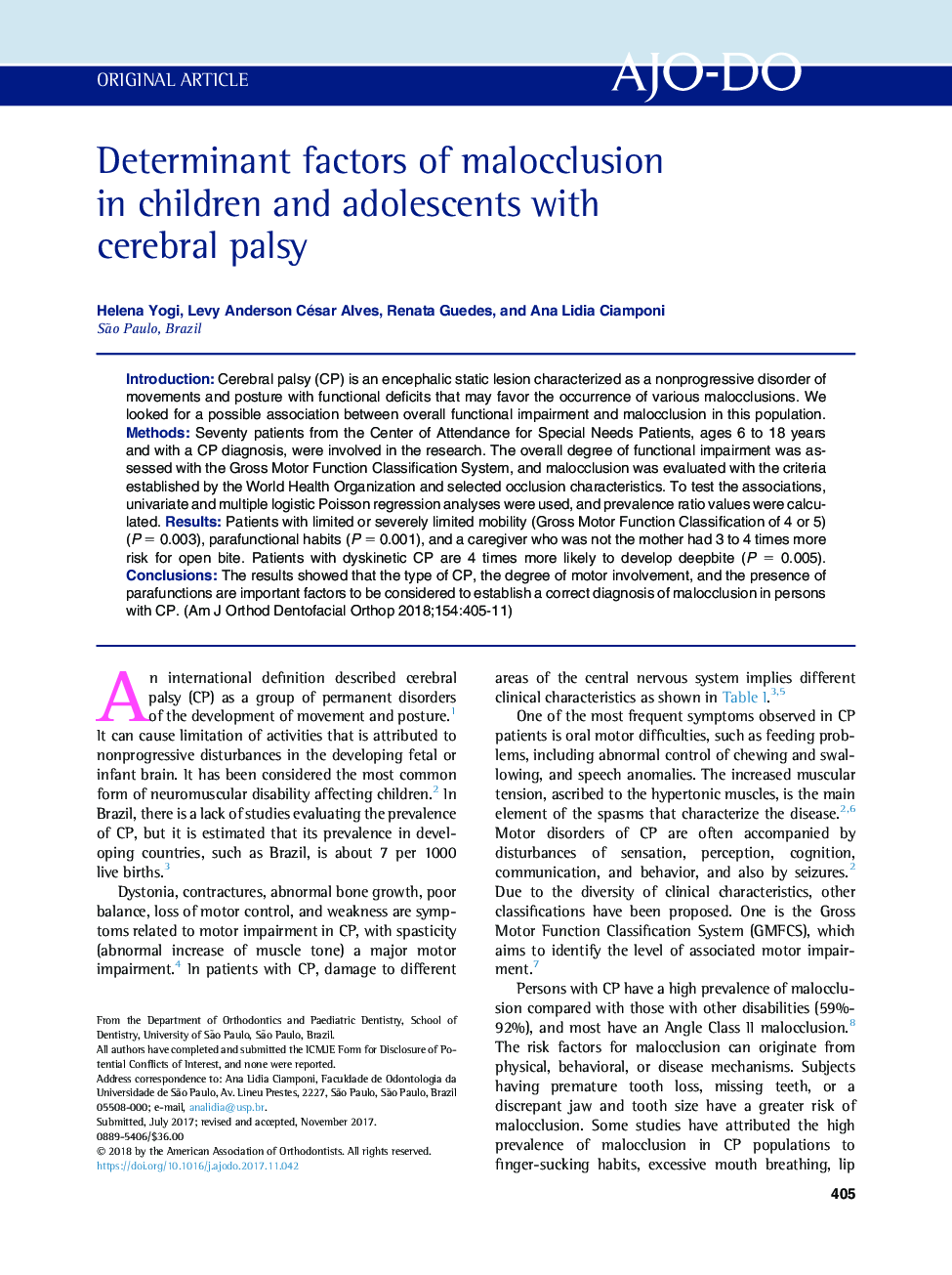 Determinant factors of malocclusion in children and adolescents with cerebral palsy