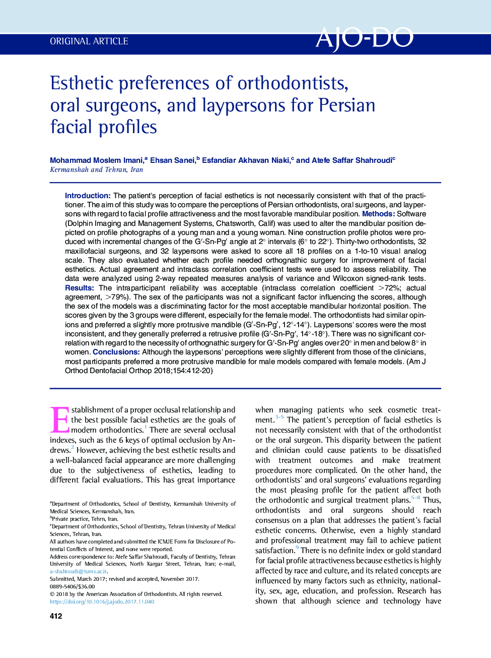 Esthetic preferences of orthodontists, oral surgeons, and laypersons for Persian facial profiles