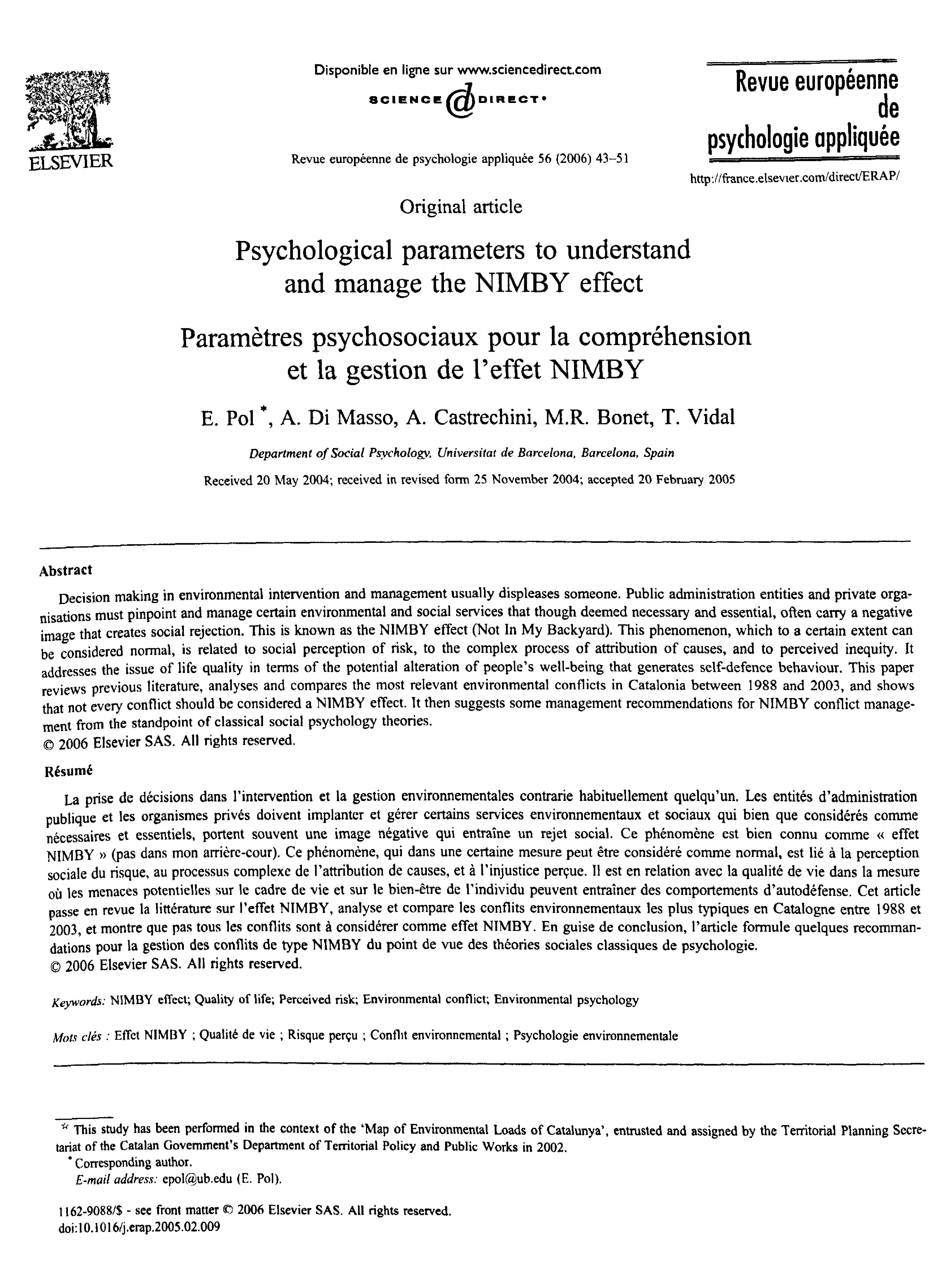 Psychological parameters to understand and manage the NIMBY effect 