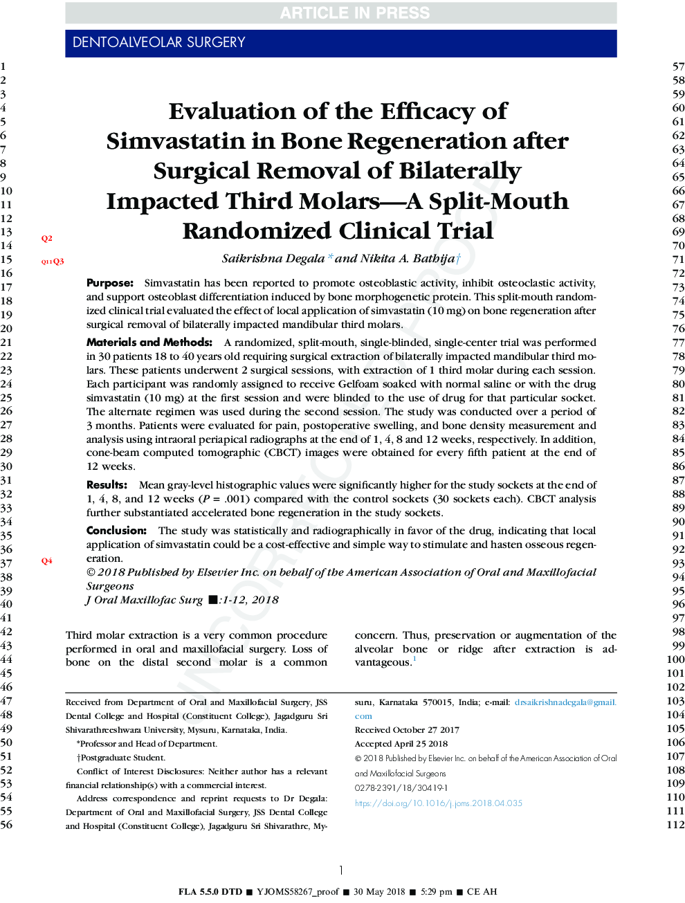 Evaluation of the Efficacy of Simvastatin in Bone Regeneration after Surgical Removal of Bilaterally Impacted Third Molars-A Split-Mouth Randomized Clinical Trial