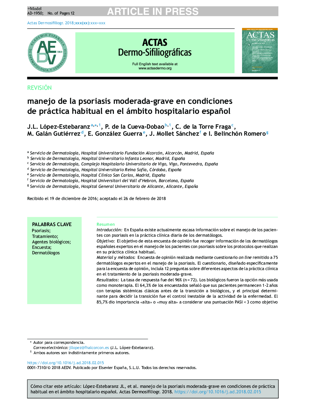 Manejo de la psoriasis moderada-grave en condiciones de práctica habitual en el ámbito hospitalario español