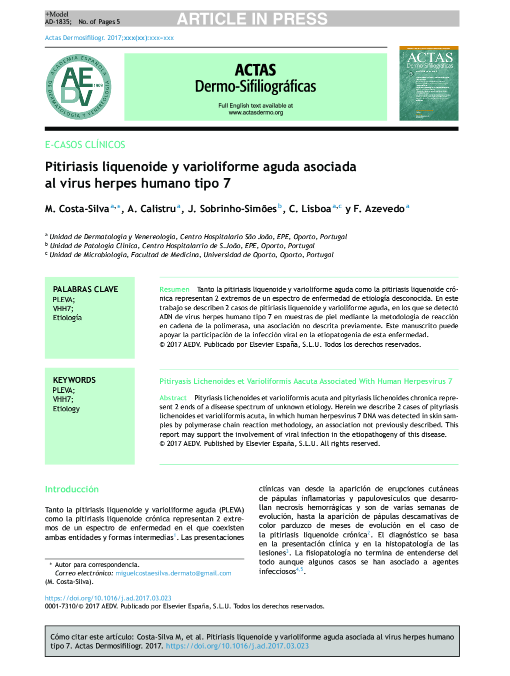 Pitiriasis liquenoide y varioliforme aguda asociada al virus herpes humano tipo 7