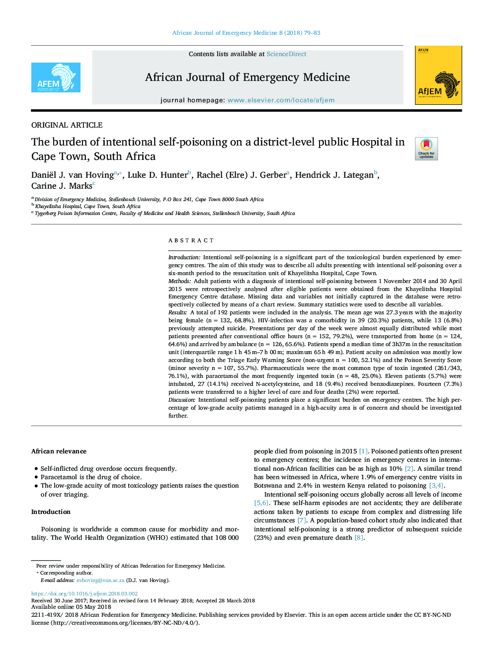 The burden of intentional self-poisoning on a district-level public Hospital in Cape Town, South Africa