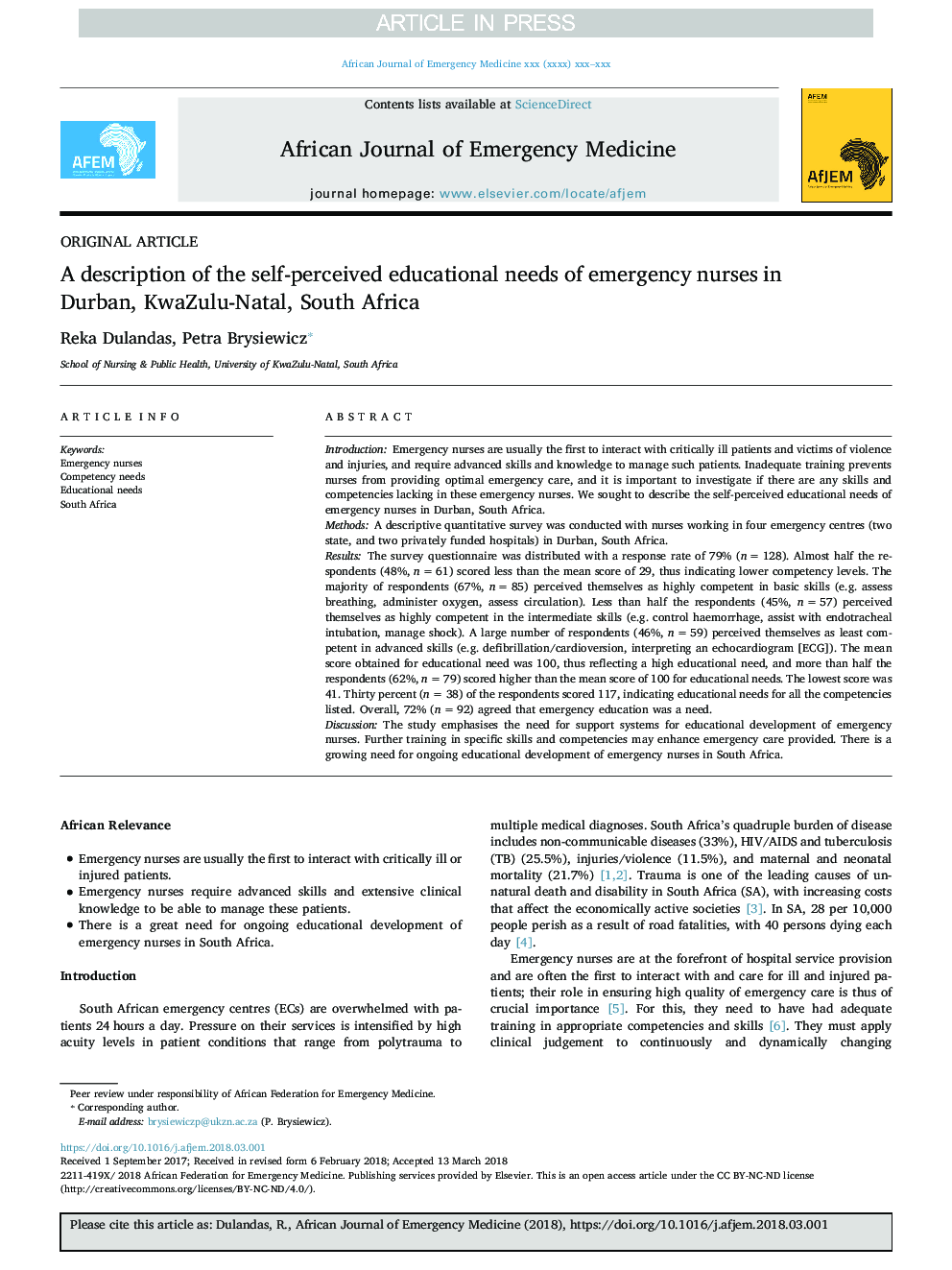 A description of the self-perceived educational needs of emergency nurses in Durban, KwaZulu-Natal, South Africa