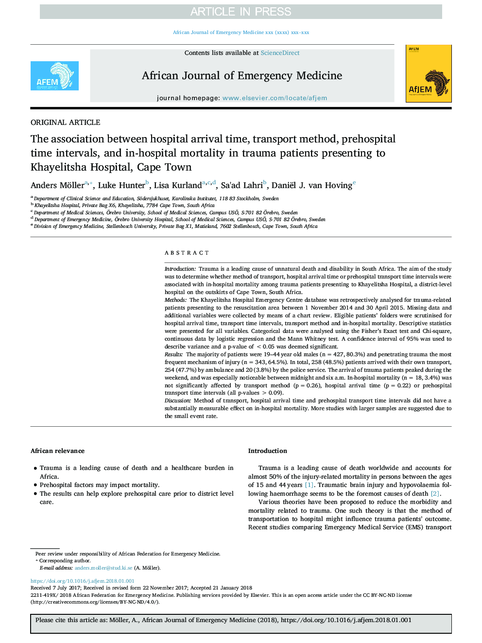 The association between hospital arrival time, transport method, prehospital time intervals, and in-hospital mortality in trauma patients presenting to Khayelitsha Hospital, Cape Town