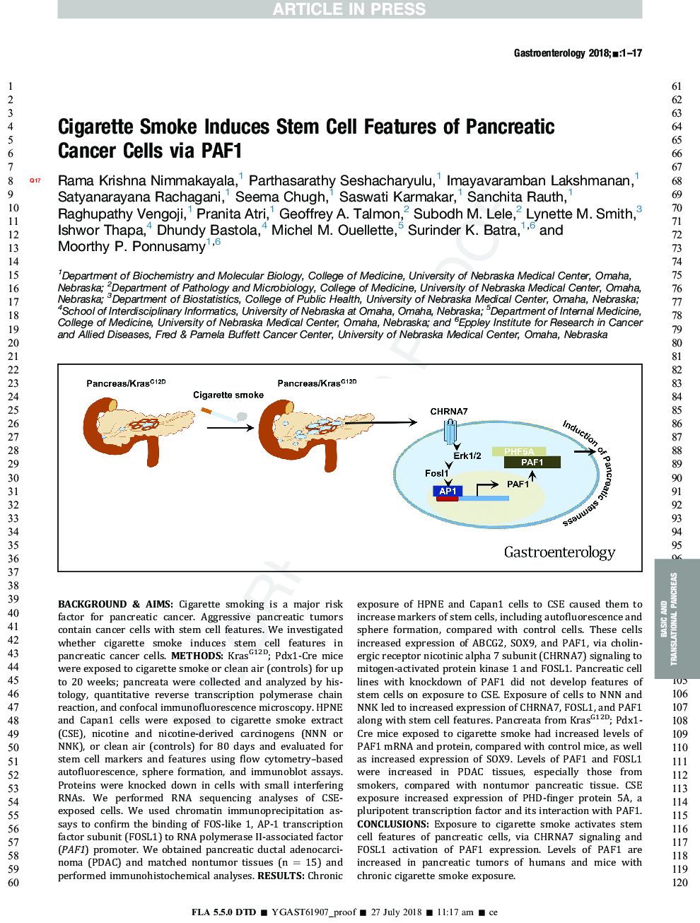 Cigarette Smoke Induces Stem Cell Features of Pancreatic Cancer Cells via PAF1