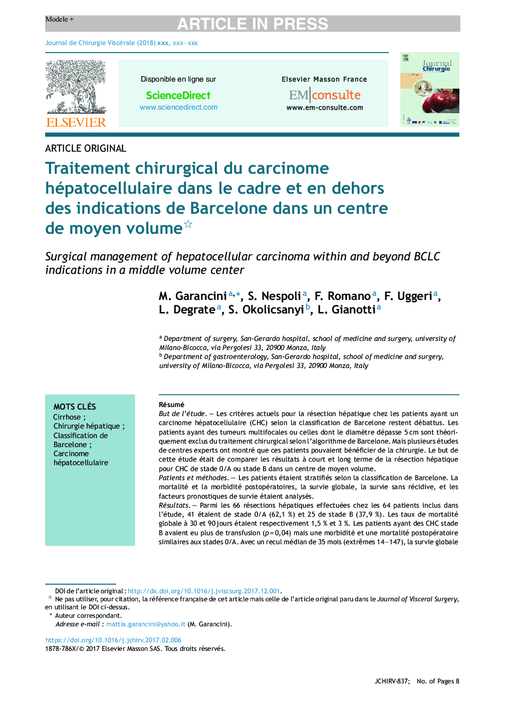 Traitement chirurgical du carcinome hépatocellulaire dans le cadre et en dehors des indications de Barcelone dans un centre de moyen volume