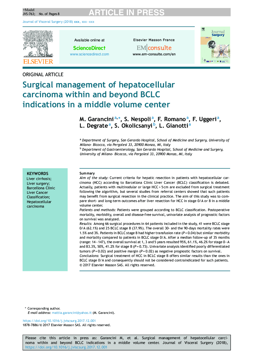 عکس صفحه اول مقاله: Surgical management of hepatocellular carcinoma within and beyond BCLC indications in a middle volume center Surgical management of hepatocellular carcinoma within and beyond BCLC indications in a middle volume center