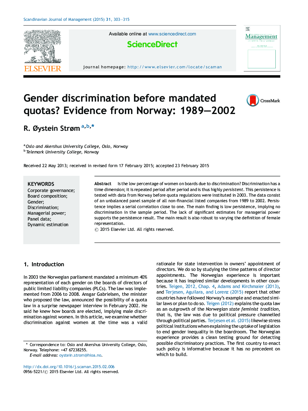 Gender discrimination before mandated quotas? Evidence from Norway: 1989–2002