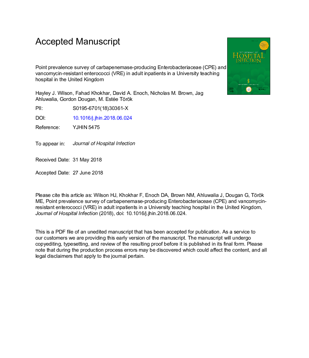 Point-prevalence survey of carbapenemase-producing Enterobacteriaceae and vancomycin-resistant enterococci in adult inpatients in a university teaching hospital in the UK