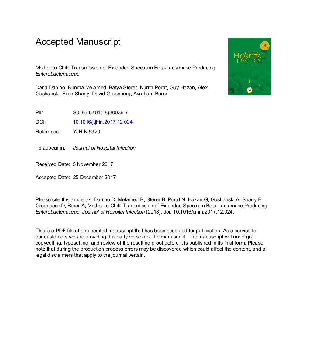 Mother-to-child transmission of extended-spectrum-beta-lactamase-producing Enterobacteriaceae