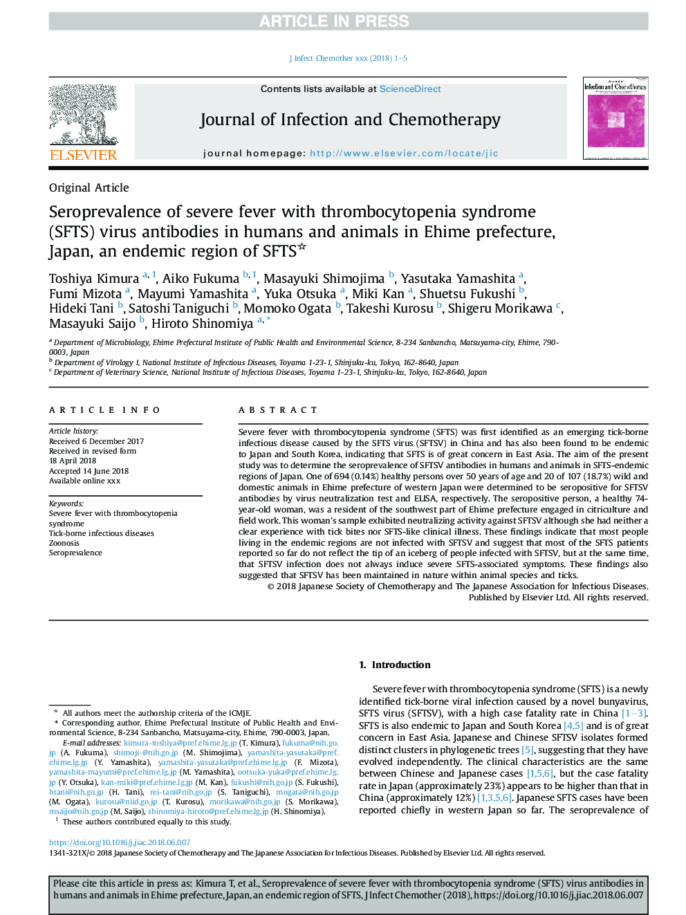 Seroprevalence of severe fever with thrombocytopenia syndrome (SFTS) virus antibodies in humans and animals in Ehime prefecture, Japan, an endemic region of SFTS