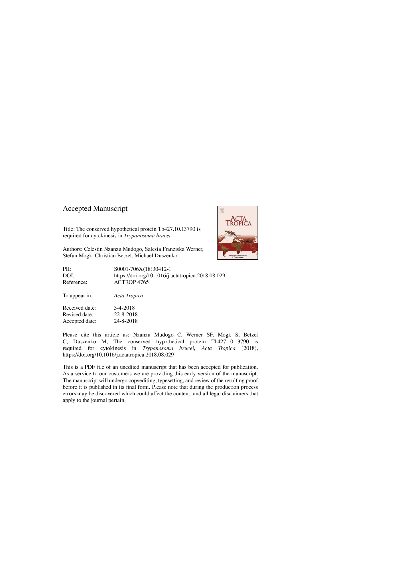 The conserved hypothetical protein Tb427.10.13790 is required for cytokinesis in Trypanosoma brucei