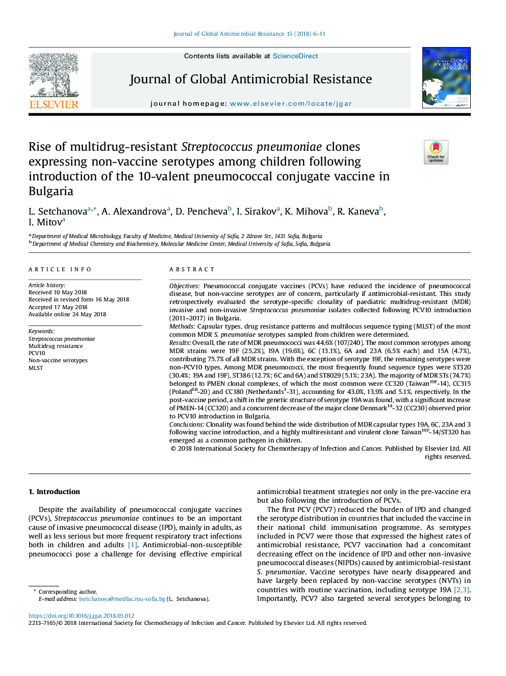 Rise of multidrug-resistant Streptococcus pneumoniae clones expressing non-vaccine serotypes among children following introduction of the 10-valent pneumococcal conjugate vaccine in Bulgaria