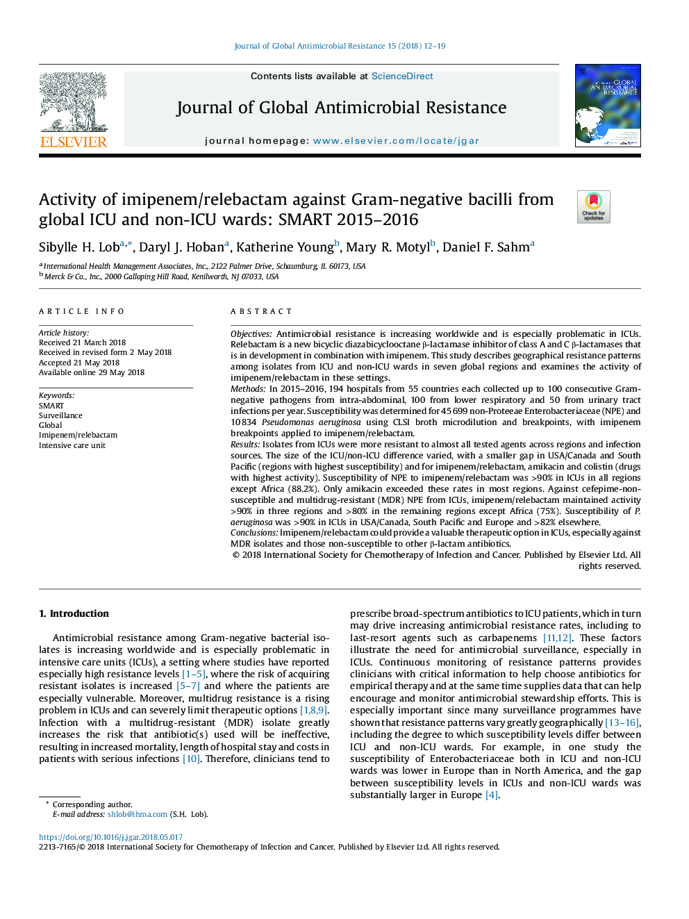 Activity of imipenem/relebactam against Gram-negative bacilli from global ICU and non-ICU wards: SMART 2015-2016