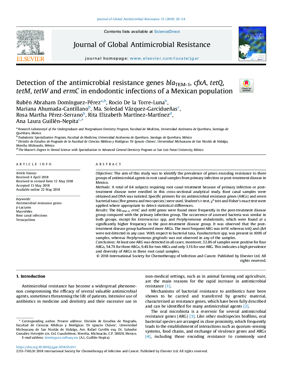 Detection of the antimicrobial resistance genes blaTEM-1, cfxA, tetQ, tetM, tetW and ermC in endodontic infections of a Mexican population