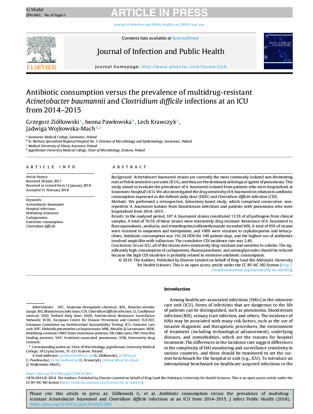 Antibiotic consumption versus the prevalence of multidrug-resistant Acinetobacter baumannii and Clostridium difficile infections at an ICU from 2014-2015