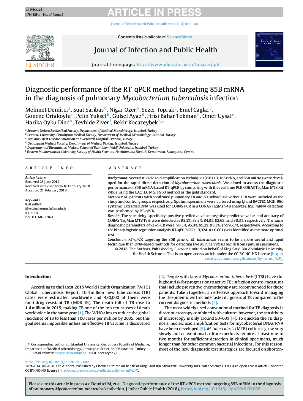 Diagnostic performance of the RT-qPCR method targeting 85B mRNA in the diagnosis of pulmonary Mycobacterium tuberculosis infection