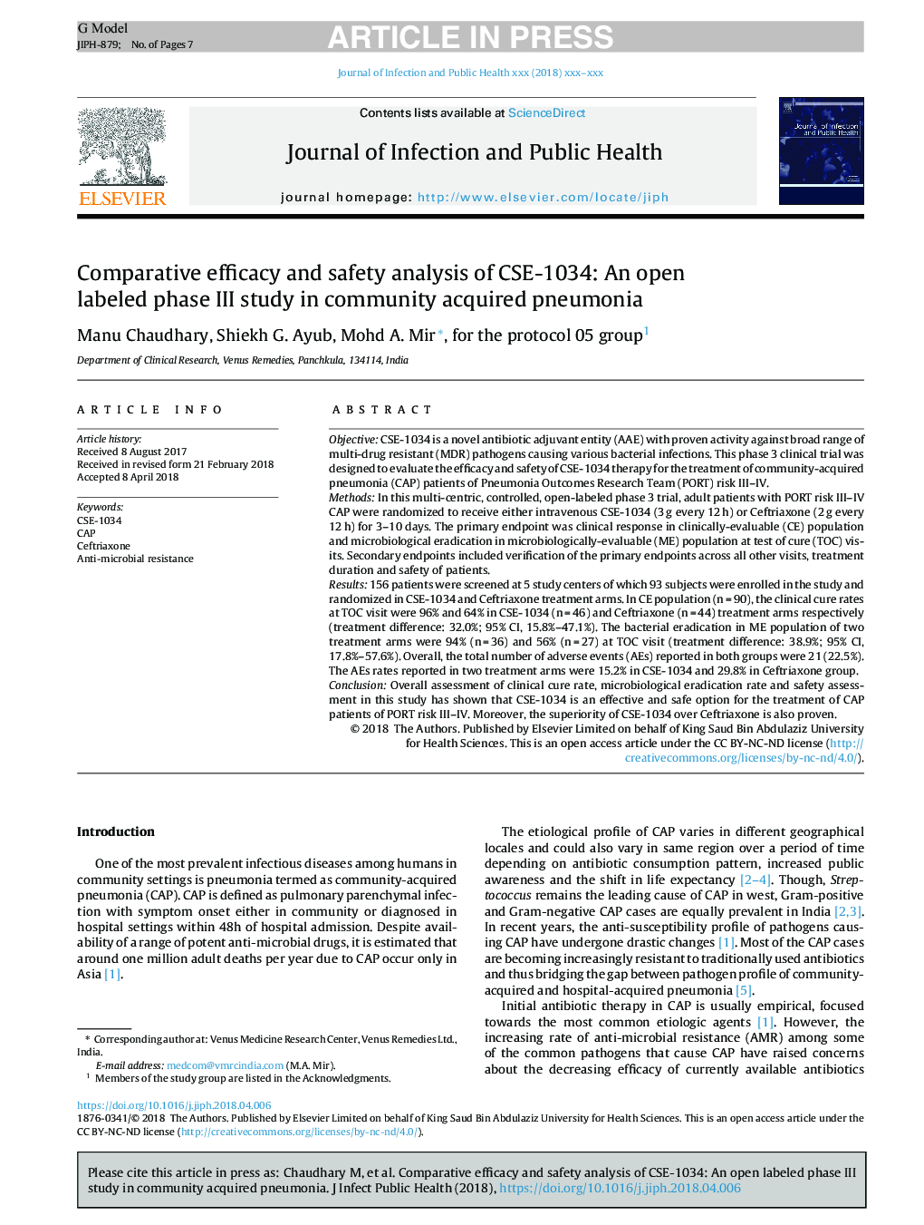 Comparative efficacy and safety analysis of CSE-1034: An open labeled phase III study in community acquired pneumonia