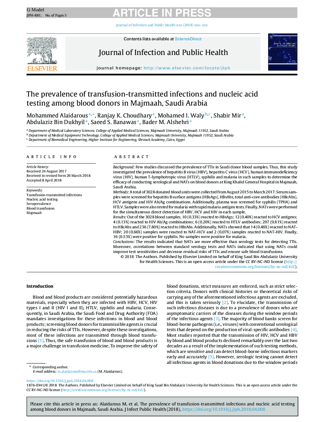 The prevalence of transfusion-transmitted infections and nucleic acid testing among blood donors in Majmaah, Saudi Arabia