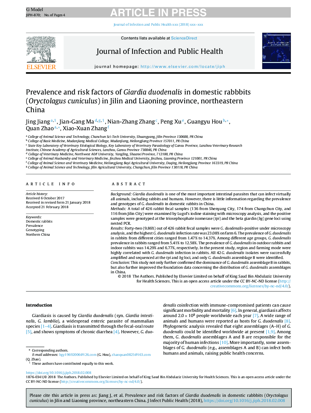 Prevalence and risk factors of Giardia duodenalis in domestic rabbbits (Oryctolagus cuniculus) in Jilin and Liaoning province, northeastern China