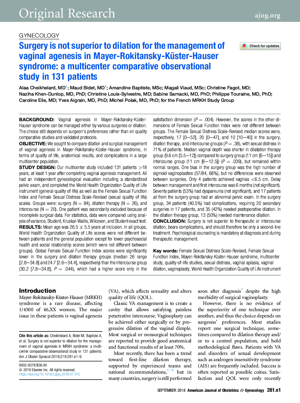 Surgery is not superior to dilation for the management of vaginal agenesis in Mayer-Rokitansky-Küster-Hauser syndrome: a multicenter comparative observational study in 131 patients