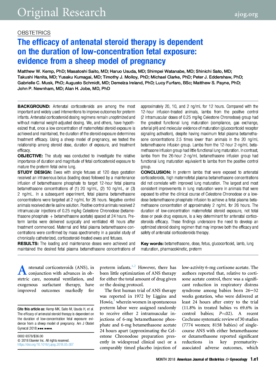 The efficacy of antenatal steroid therapy is dependent on the duration of low-concentration fetal exposure: evidence from a sheep model of pregnancy