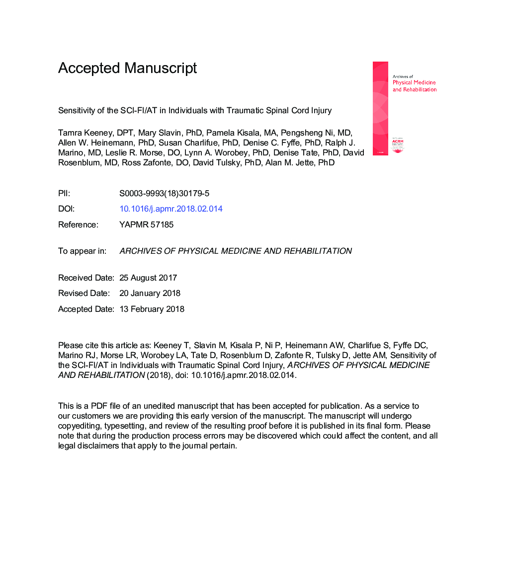 Sensitivity of the SCI-FI/AT in Individuals With Traumatic Spinal Cord Injury
