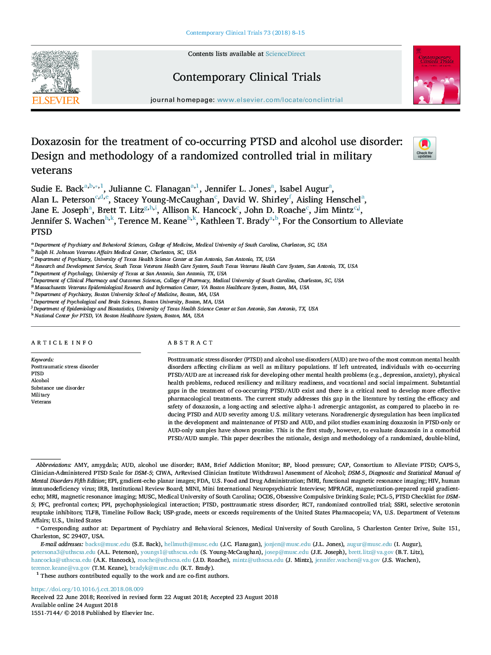 Doxazosin for the treatment of co-occurring PTSD and alcohol use disorder: Design and methodology of a randomized controlled trial in military veterans