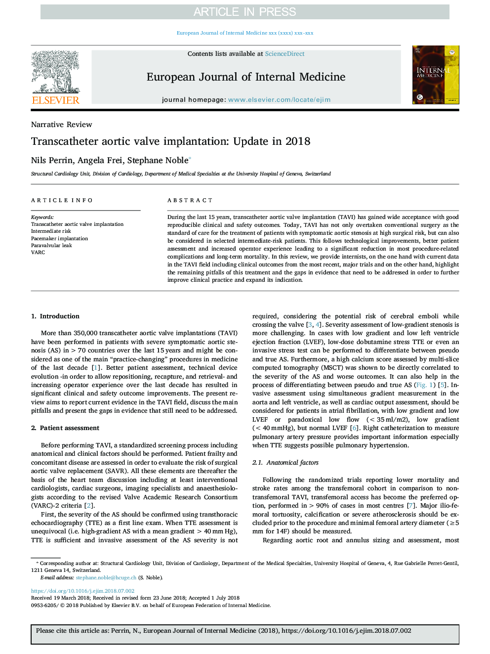 Transcatheter aortic valve implantation: Update in 2018