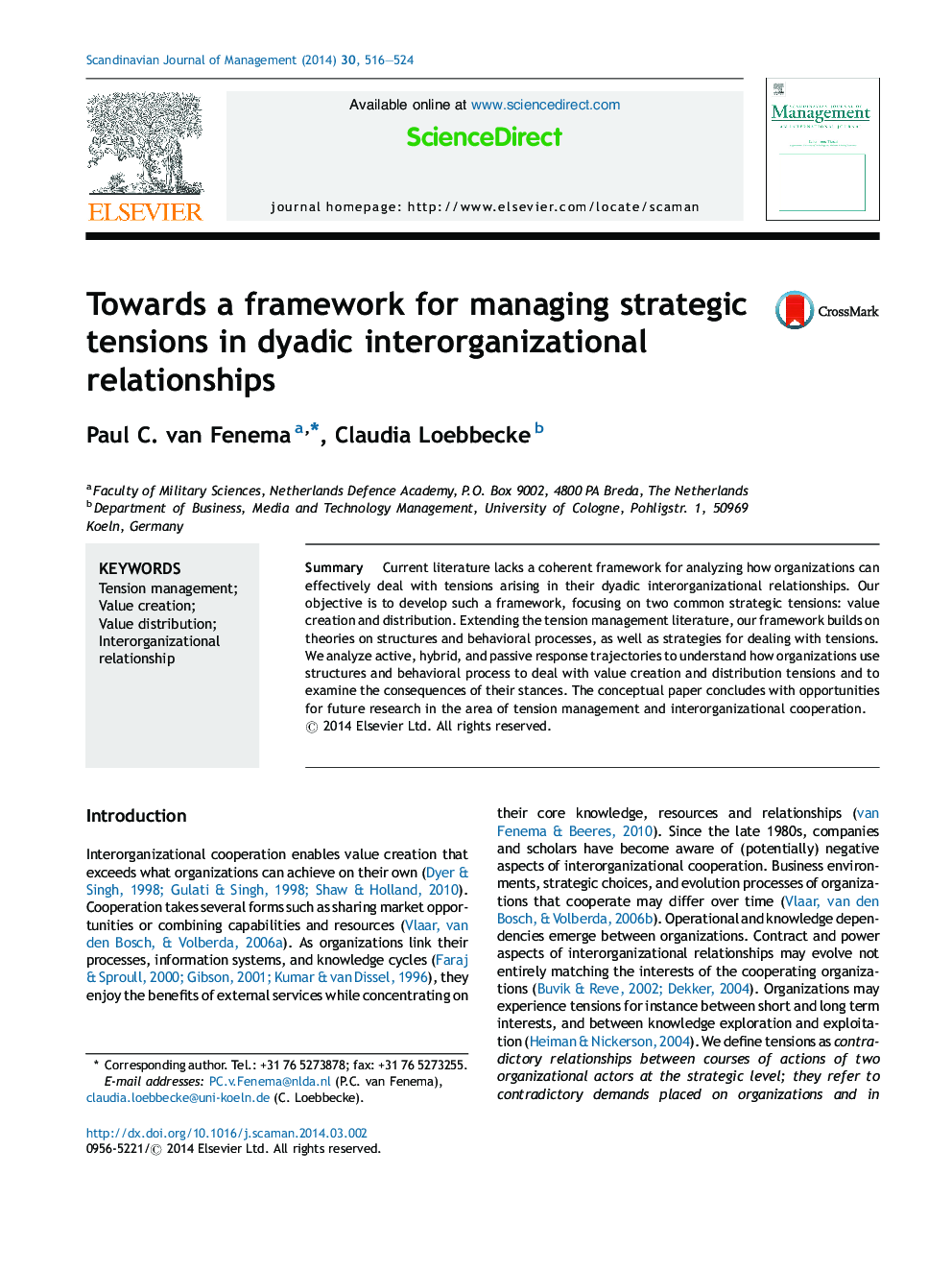 Towards a framework for managing strategic tensions in dyadic interorganizational relationships