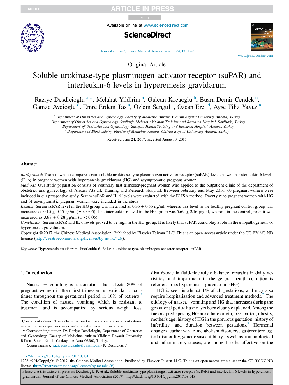 Soluble urokinase-type plasminogen activator receptor (suPAR) and interleukin-6 levels in hyperemesis gravidarum