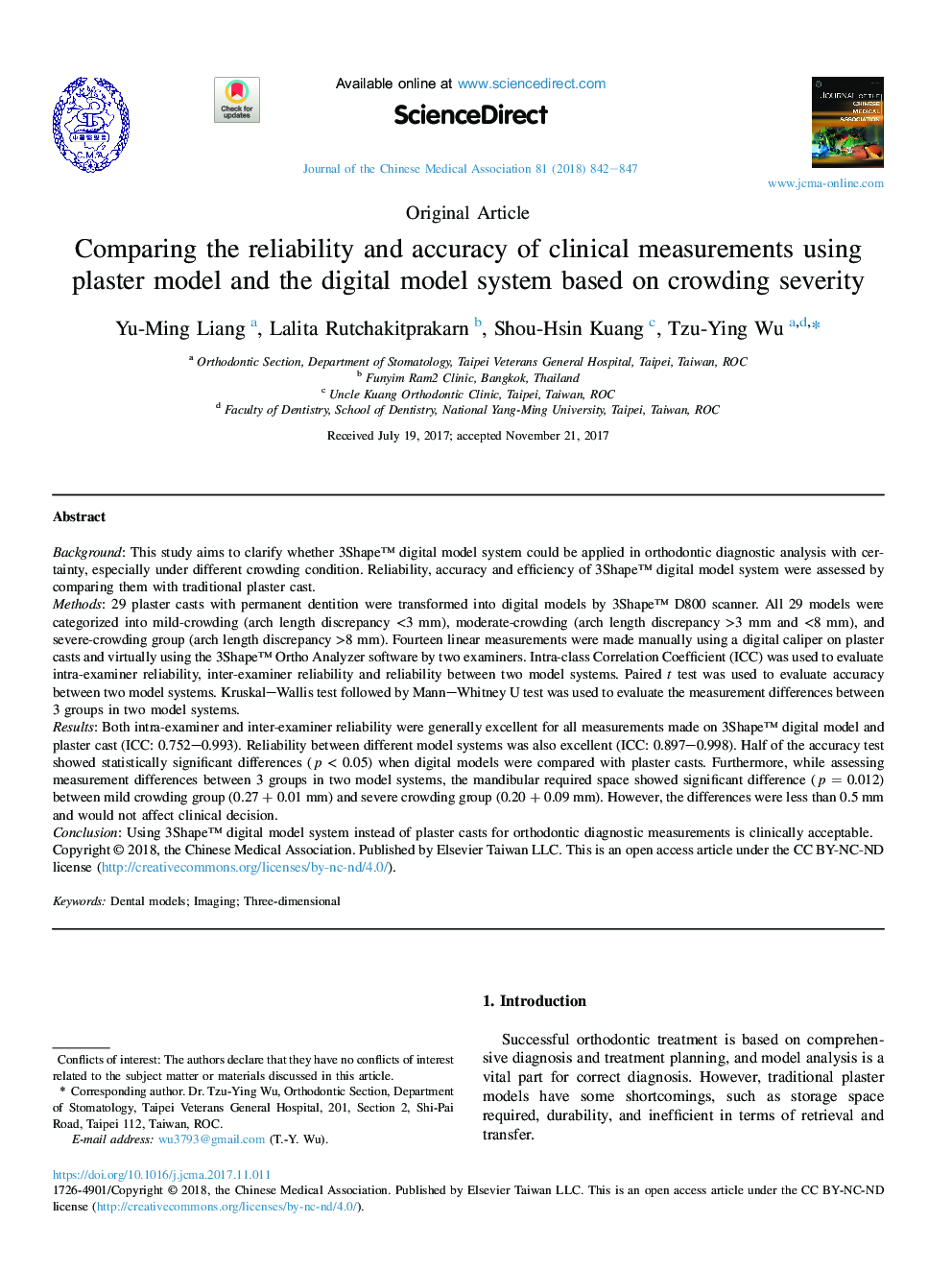 Comparing the reliability and accuracy of clinical measurements using plaster model and the digital model system based on crowding severity