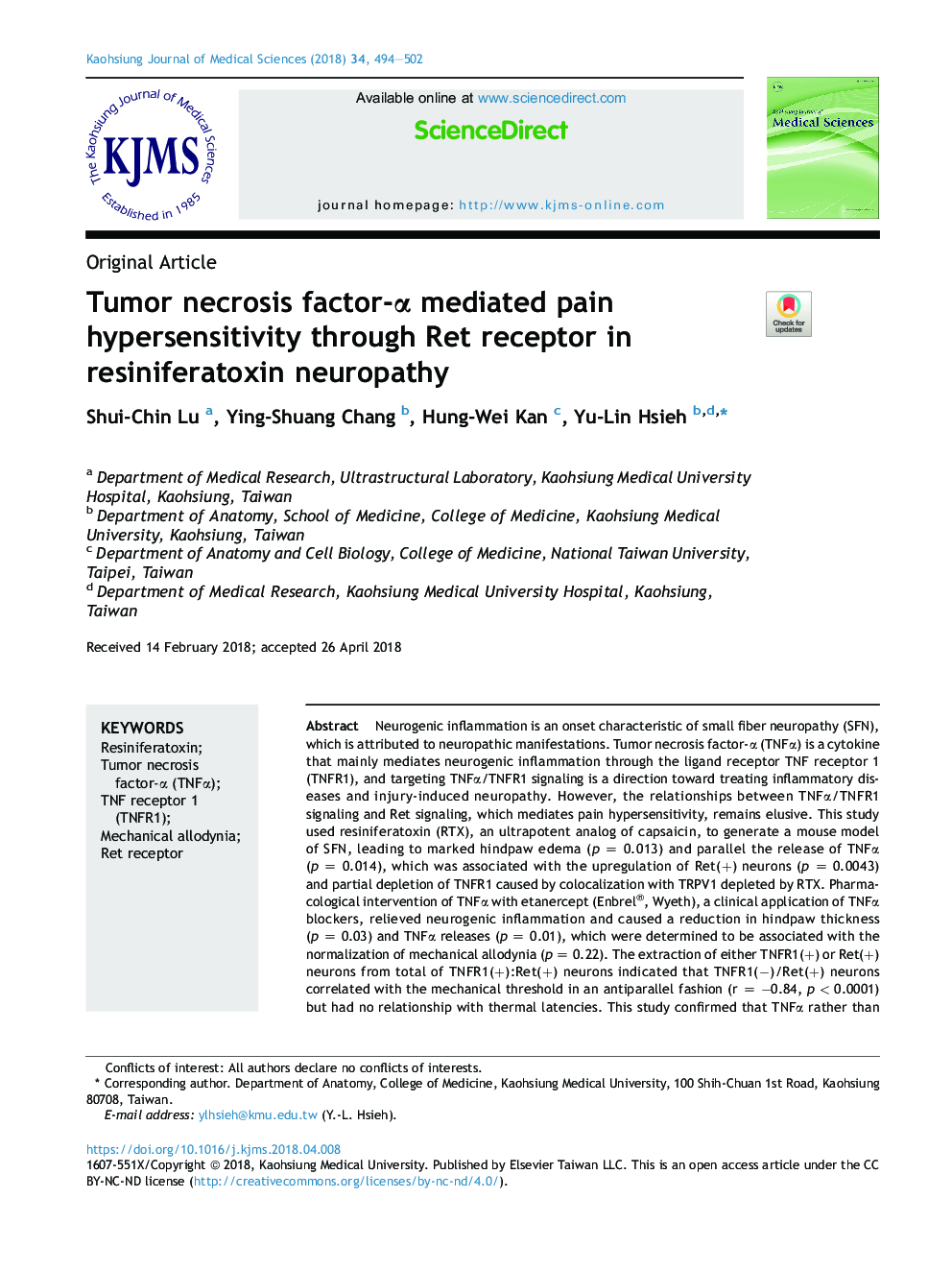 Tumor necrosis factor-Î± mediated pain hypersensitivity through Ret receptor in resiniferatoxin neuropathy