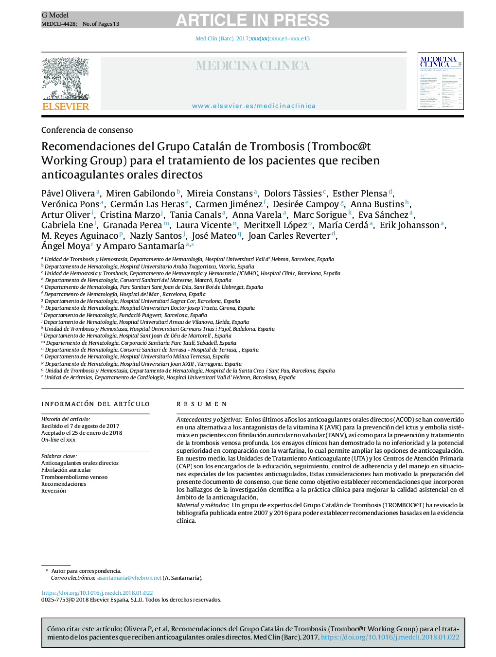 Recomendaciones del Grupo Catalán de Trombosis (Tromboc@t Working Group) para el tratamiento de los pacientes que reciben anticoagulantes orales directos