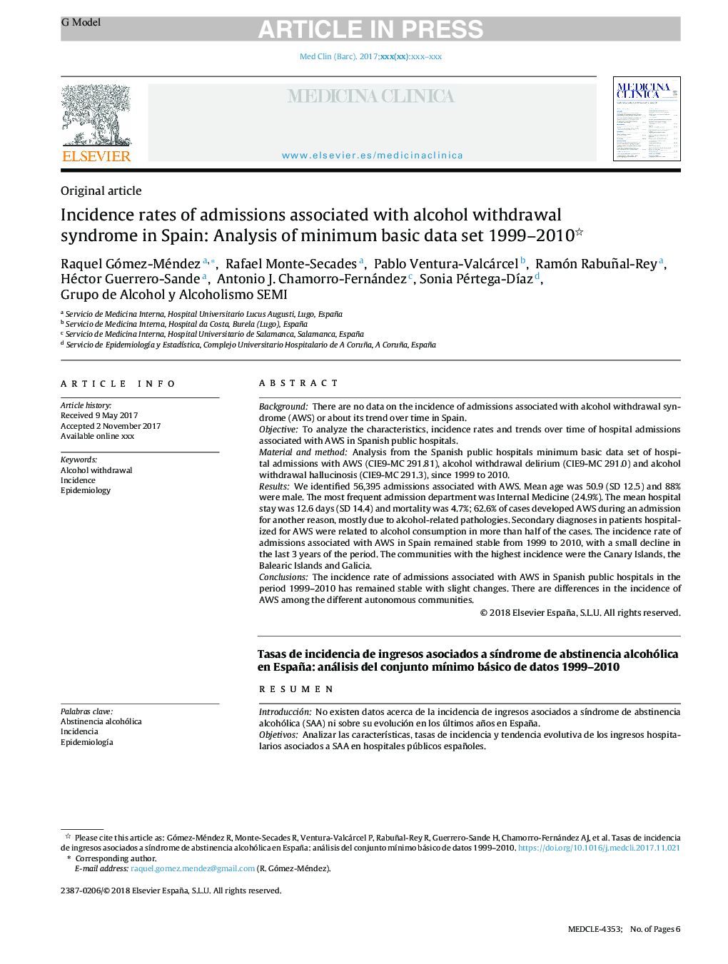 میزان بروز پذیرش در ارتباط با سندروم برداشت الکل در اسپانیا: تجزیه و تحلیل حداقل داده های اساسی مجموعه 1999-2010