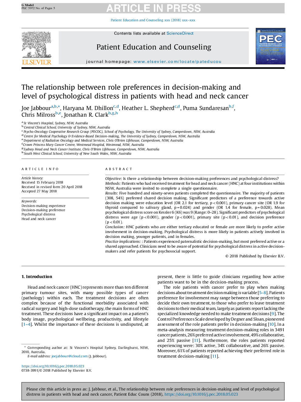 The relationship between role preferences in decision-making and level of psychological distress in patients with head and neck cancer