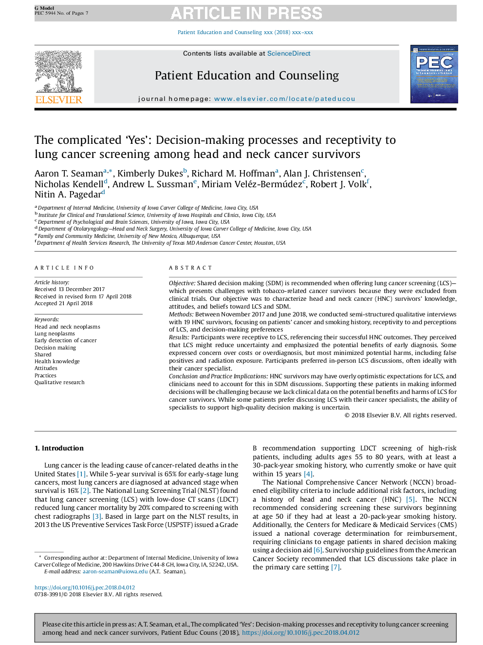 The complicated 'Yes': Decision-making processes and receptivity to lung cancer screening among head and neck cancer survivors