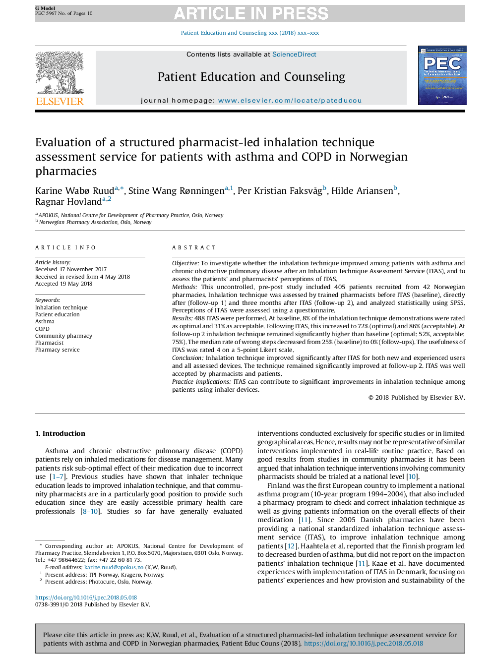 Evaluation of a structured pharmacist-led inhalation technique assessment service for patients with asthma and COPD in Norwegian pharmacies