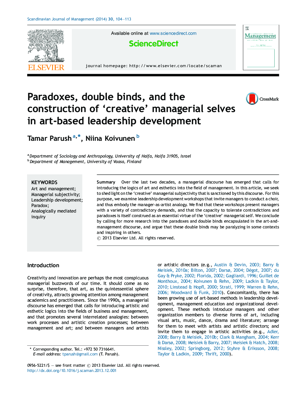 Paradoxes, double binds, and the construction of ‘creative’ managerial selves in art-based leadership development