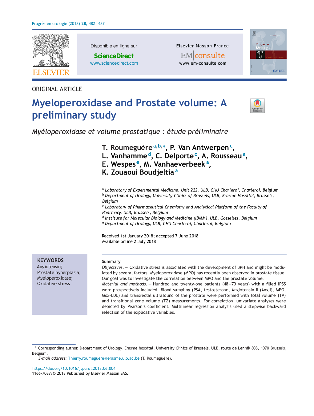 حجم پروتئین مینوپراکسیداز و پروستات: یک مطالعه اولیه