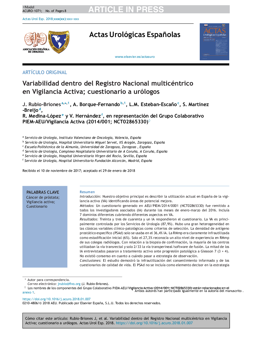 Variabilidad dentro del Registro Nacional multicéntrico en Vigilancia Activa; cuestionario a urólogos