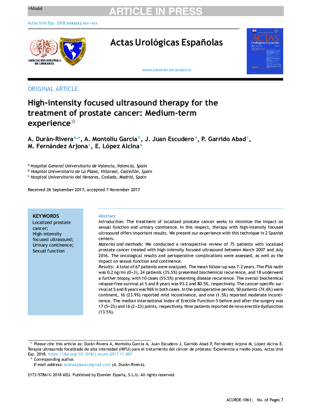 High-intensity focused ultrasound therapy for the treatment of prostate cancer: Medium-term experience