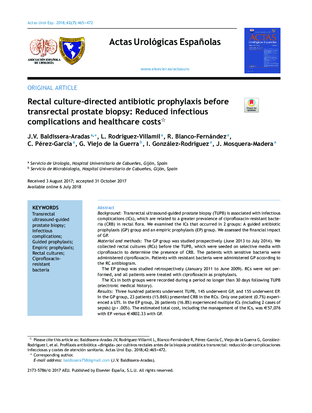 Rectal culture-directed antibiotic prophylaxis before transrectal prostate biopsy: Reduced infectious complications and healthcare costs