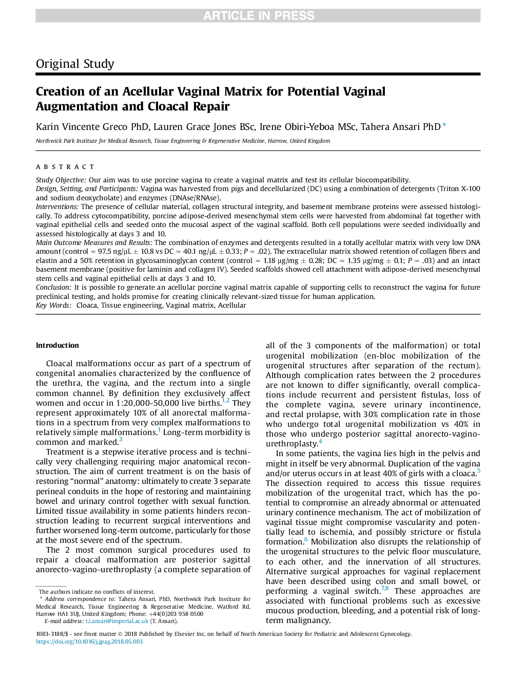 Creation of an Acellular Vaginal Matrix for Potential Vaginal Augmentation and Cloacal Repair