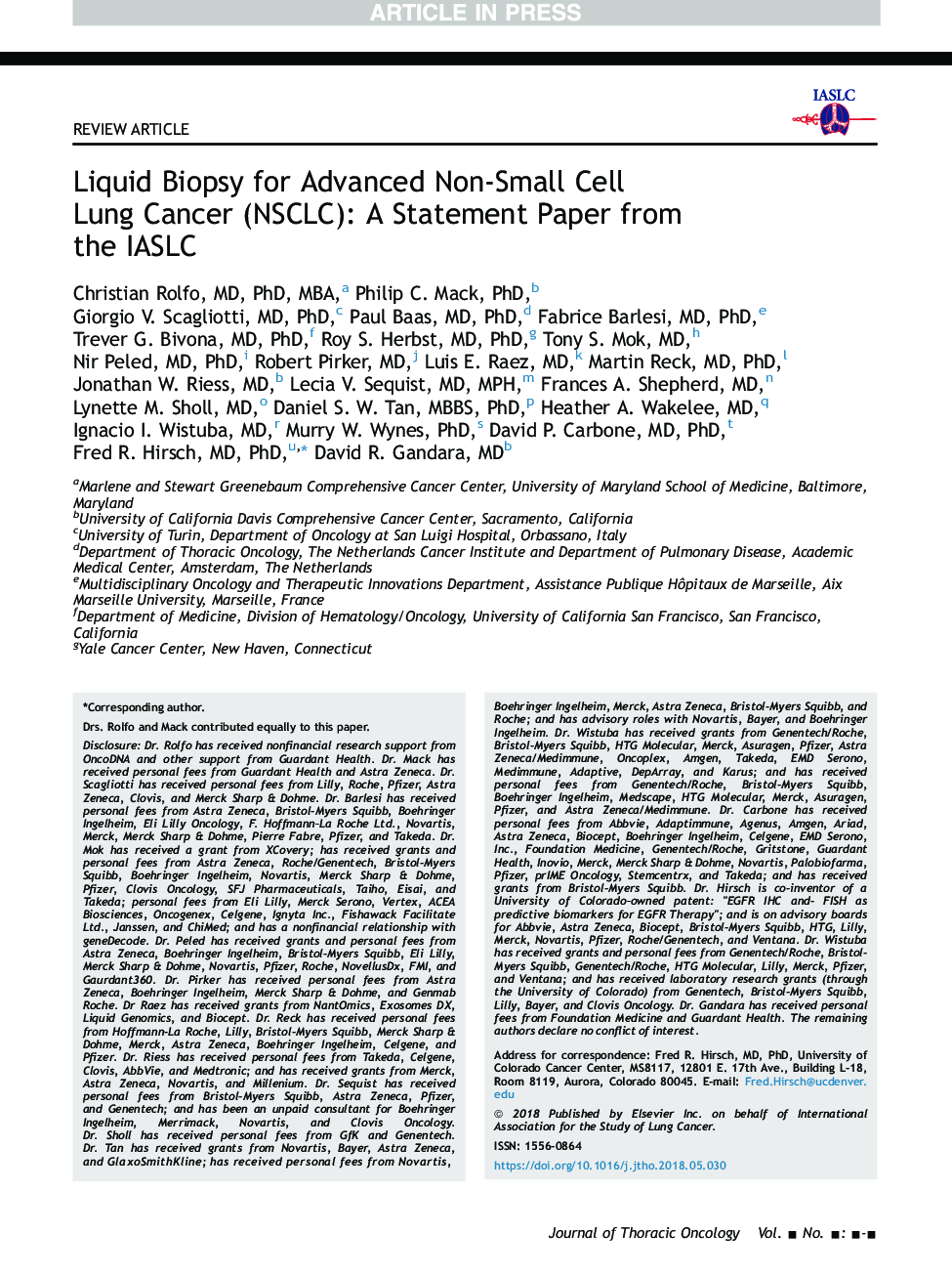Liquid Biopsy for Advanced Non-Small Cell LungÂ Cancer (NSCLC): A Statement Paper from theÂ IASLC