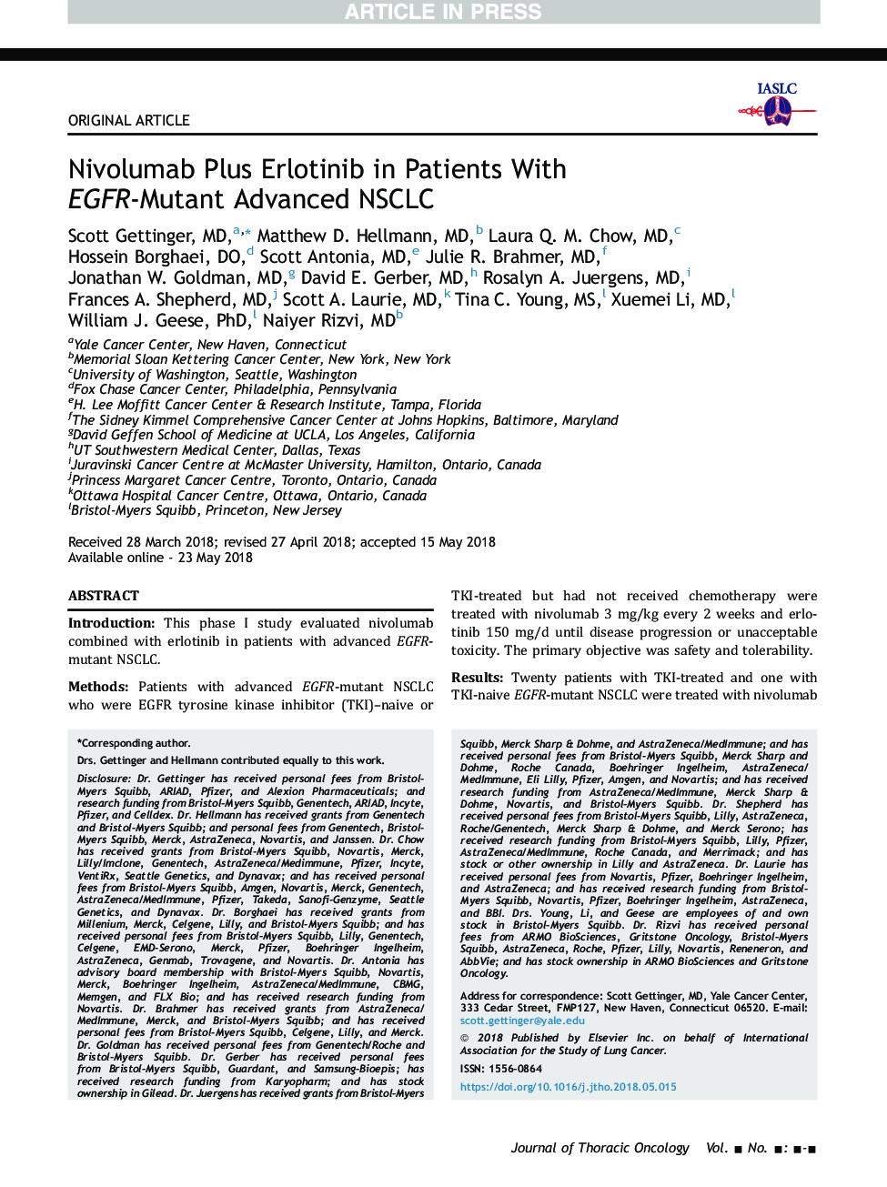 Nivolumab Plus Erlotinib in Patients With EGFR-Mutant Advanced NSCLC