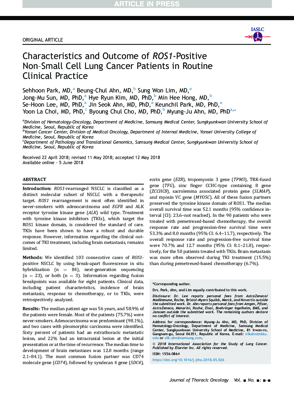 Characteristics and Outcome of ROS1-Positive Non-Small Cell Lung Cancer Patients in Routine Clinical Practice