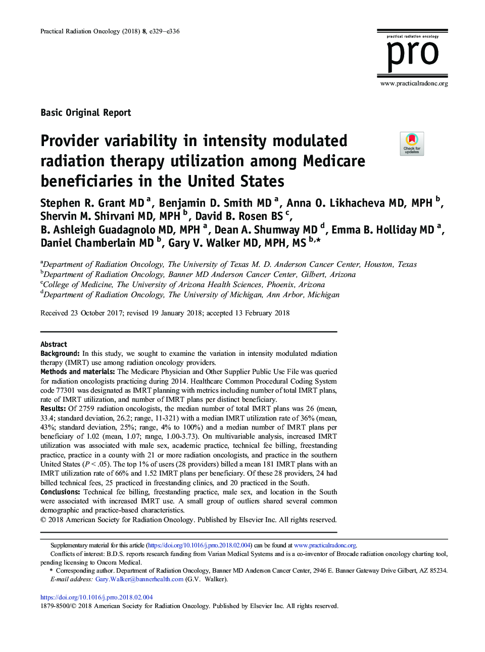 Provider variability in intensity modulated radiation therapy utilization among Medicare beneficiaries in the United States