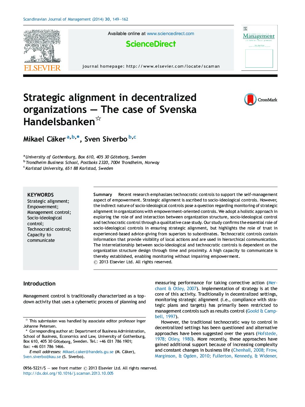 Strategic alignment in decentralized organizations – The case of Svenska Handelsbanken 